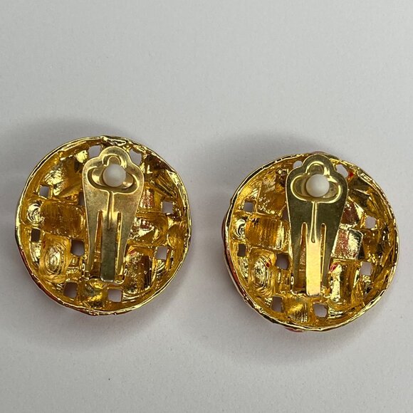 Vintage Gold & Red Enamel Clip-On Earrings - Picture 2 of 4